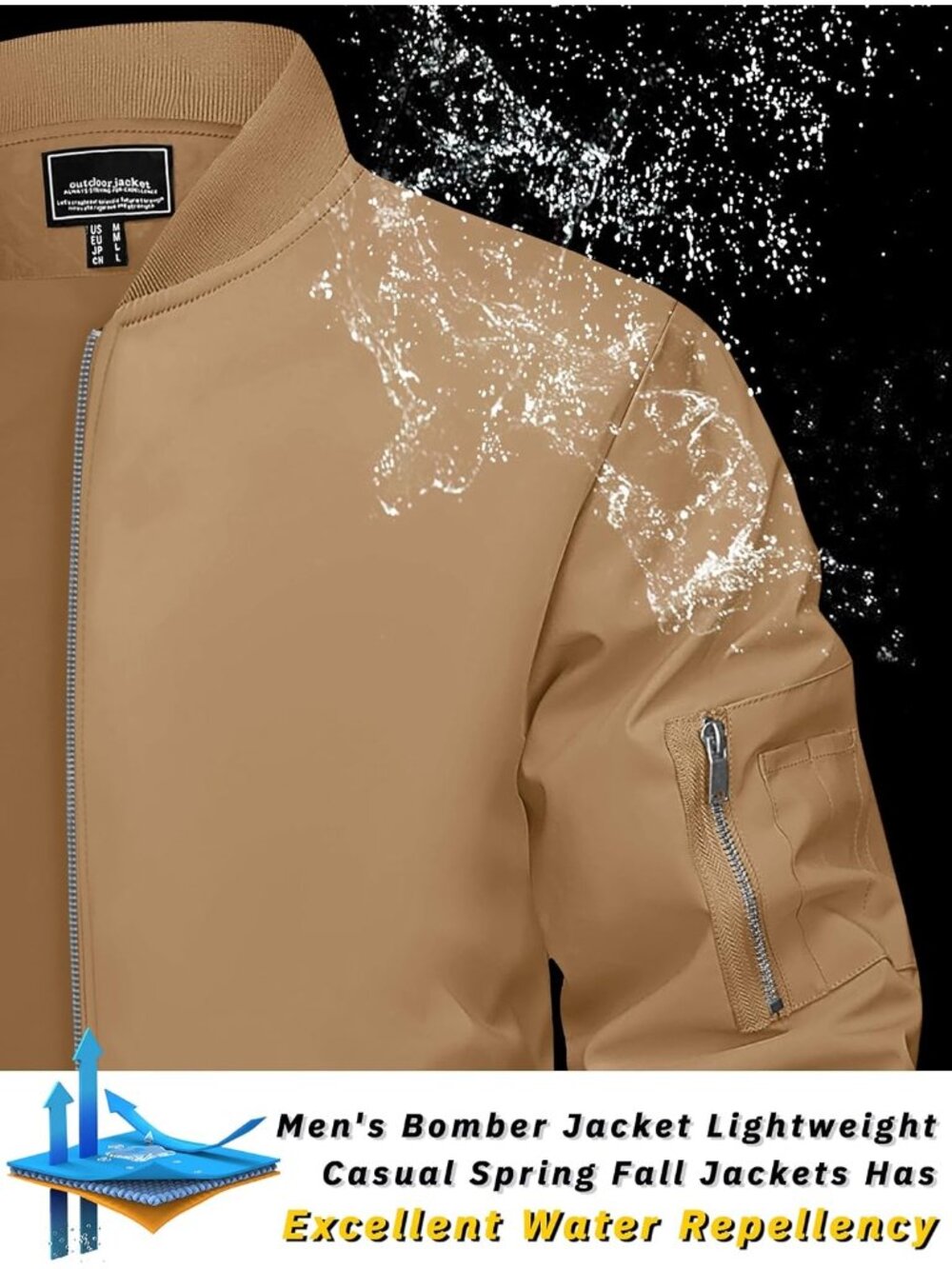 Men's Khaki Polyester Full Zipper Stand Collar Pockets Windbreaker Bomber Jacket - Picture 3 of 6